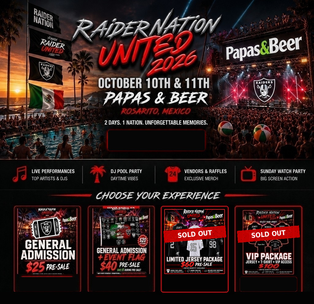 Raider Nation United 2026 at Papas and Beer in Rosarito, Mexico, with event highlights and four ticket packages